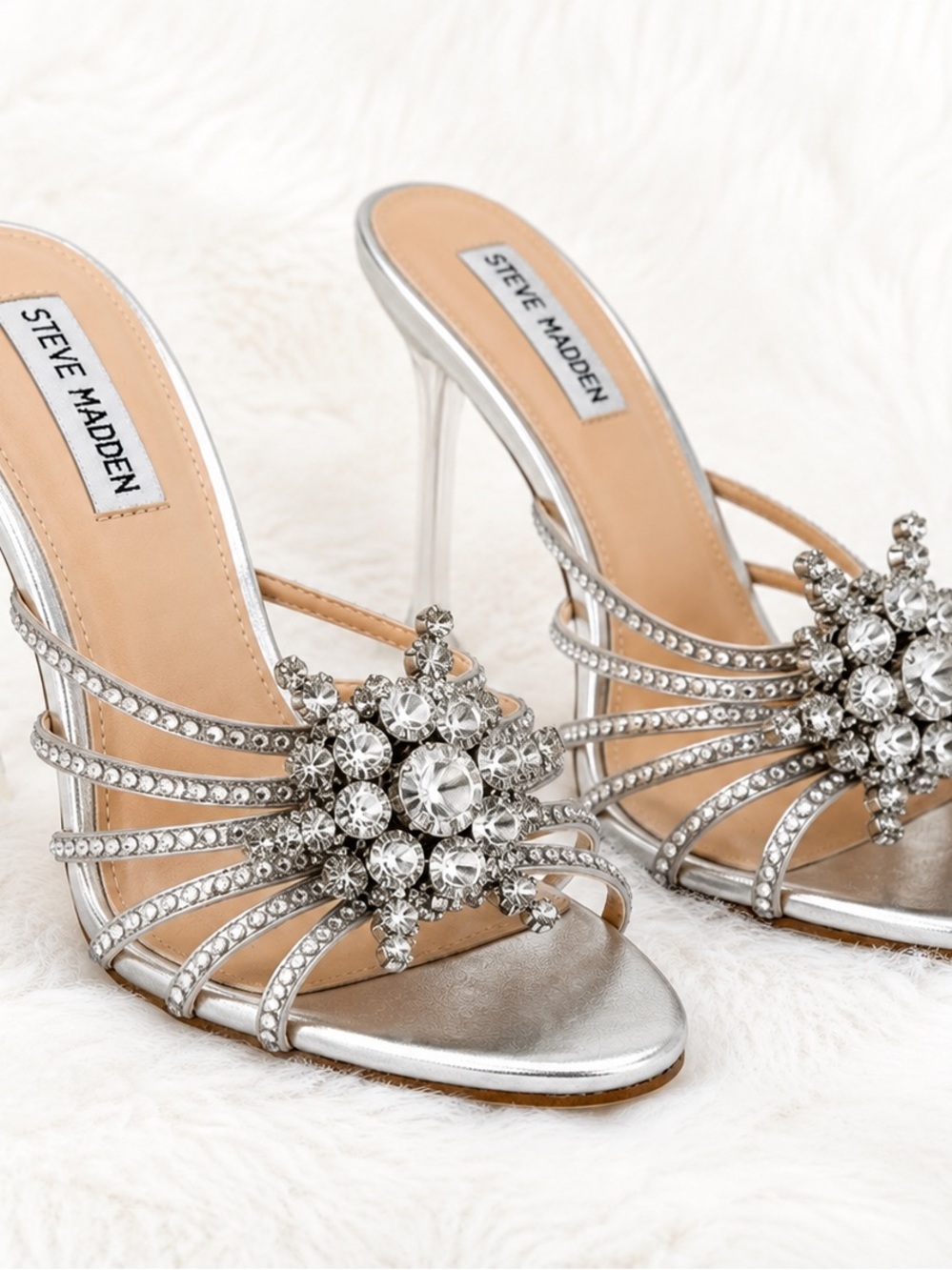 Steve Madden Pamola Crystal Embellished Silver Heeled Sandals Size 10M EUC